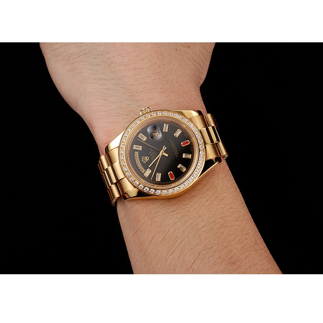 Best AAA Replica Sites Day-Date Bracelet Gold Diamonds 1454101 And Black Swiss Rolex Rubies Dial 0626